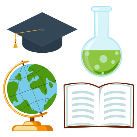 School college university science cartoon icon set poster hat test tube open book globe. Flat vector illustration for gift card certificate banner sticker, badge sign, stamp, icon, label.のイラスト素材