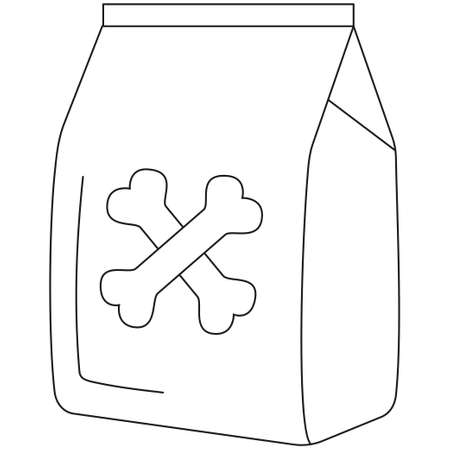 Line art black and white dry dog food bag icon poster. Pet care themed vector illustration for gift card, flyer, certificate banner, logo, patch, stickerのイラスト素材