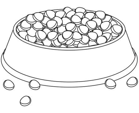 Line art black and white full pet food bowl. Cat dog care themed vector illustration for gift card, flyer, certificate banner, logo, patch, stickerのイラスト素材