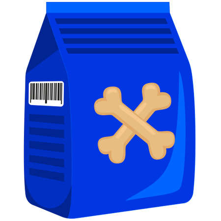 Colorful cartoon dry dog food bag icon poster. Pet care themed vector illustration for gift card, flyer, certificate banner, logo, patch, stickerのイラスト素材