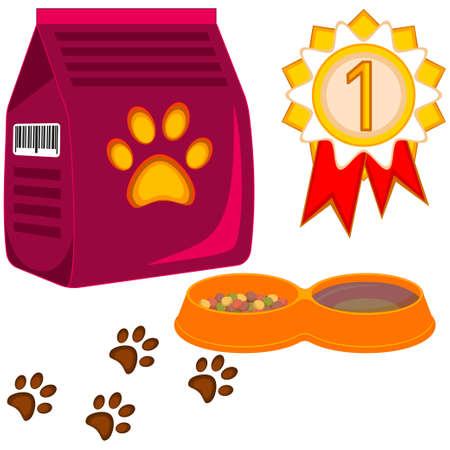 Colorful cartoon cat pet care icon set poster. Vector illustration for gift card, flyer, certificate banner, logo, patch, stickerのイラスト素材