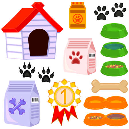 Colorful cartoon pet care 13 icon set poster. Vector illustration for gift card, flyer, certificate banner, logo, patch, stickerのイラスト素材