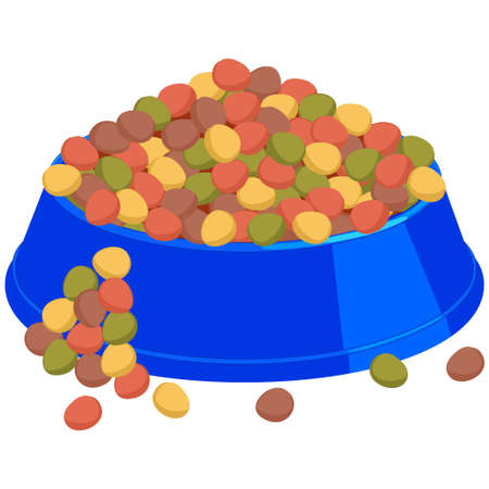 Colorful cartoon pet food overfilled bowl. Cat dog care themed vector illustration for gift card, flyer, certificate banner, logo, patch, stickerのイラスト素材