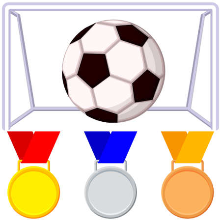 Colorful cartoon soccer ball gate goal, medal icon set.のイラスト素材