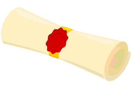 Colorful cartoon diploma scroll. Graduation theme vector illustration for gift card certificate banner sticker, badge, sign, stamp, logo, label, icon, poster, patch, sticker.のイラスト素材