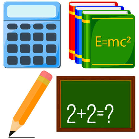 Calculus and physics study icon set. Colorful cartoon calculator pencil textbook chalk board. Education theme vector illustration for gift card banner sticker, badge sign, stamp, logo, label.のイラスト素材