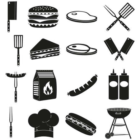 Black white bbq outdoors 16 element silhouette set. Food themed vector illustration for gift card certificate sticker, badge, sign, stamp, logo, label, icon, poster, patchのイラスト素材