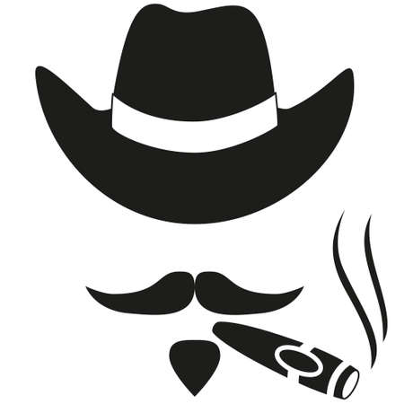 Black and white smoking cowboy avatar silhouette. Stetson hat sigar, moustache beard. Western vector illustration for certificate sticker, badge, sign, logo, label, icon poster, patch, bannerのイラスト素材