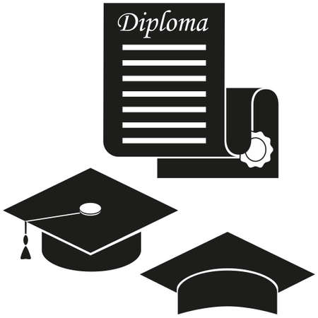 Black and white graduation hat and diploma silhouette. Graduation vector illustration.のイラスト素材