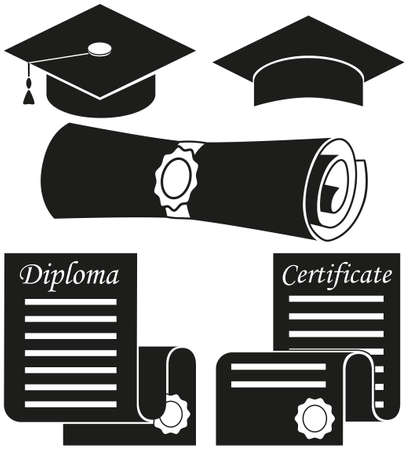 Black and white graduation silhouette set 5 elements. Education themed vector illustration for gift card certificate sticker, badge, sign, stamp, logo, label, icon, poster, patchのイラスト素材
