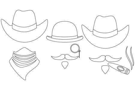 Line art black and white 3 western cowboy avatar set. Wild west vector illustration for gift card certificate sticker, badge, sign, stamp, logo, label, icon, poster, patch, banner invitationのイラスト素材