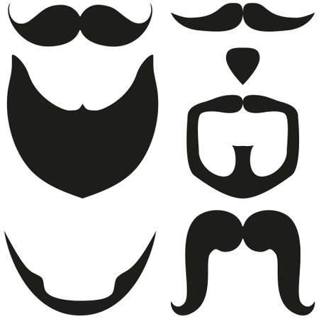 Black and white facial hair silhouette set. Hipster vector illustration for gift card certificate sticker, badge, sign, stamp, logo, label, icon, poster, patch, banner invitationのイラスト素材