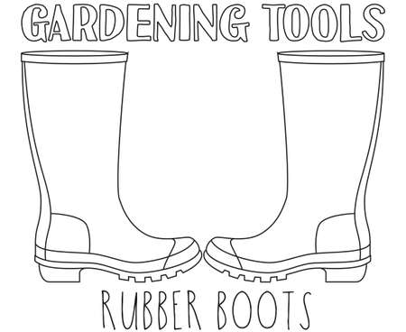 Line art black and white rubber boots. Coloring book page for adults and kids. Garden tool vector illustration for gift card certificate sticker, badge, sign, stamp, logo, label, icon, poster, bannerのイラスト素材