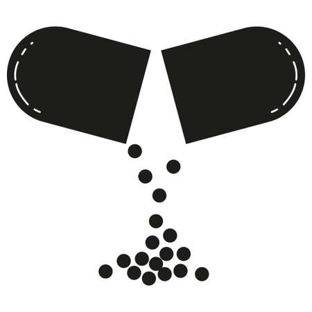 Black and white open pill medicine silhouette. Healthcare themed. Vector illustration for icon, sticker, sign, patch, certificate badge, gift card, stamp icon, label, poster, web banner.のイラスト素材