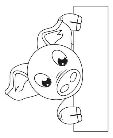 Line art black and white pig holding vertical poster. Coloring page for adults and kids. 2019 year chinese symbol. Farm animal vector illustration for icon, certificate, gift card, stamp, poster,のイラスト素材