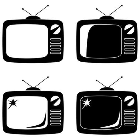 Black vintage tv silhouette set isolated on white background. Media theme vector illustration for icon, sticker sign, patch, certificate badge, gift card,label, poster, web banner, flayerのイラスト素材