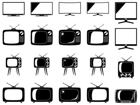 Black and white 20 element tv silhouette set. Coloring page for adults and kids. Media theme vector illustration for icon, sticker sign, patch, certificate badge, gift card, label, poster, web bannerのイラスト素材