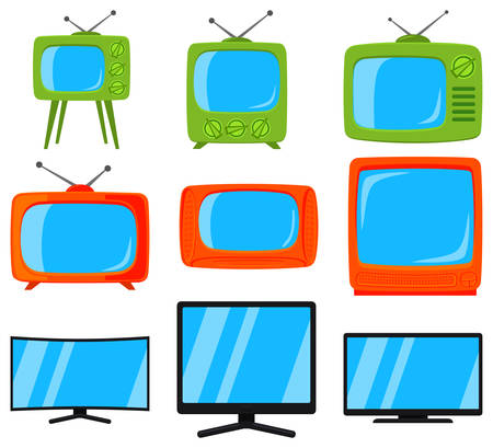 Cartoon colorful 9 tv element set. Coloring page for adults and kids. Media theme vector illustration for icon, sticker sign, patch, certificate badge, gift card, label, poster, web bannerのイラスト素材