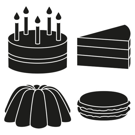 Black and white 4 dessert silhouette set. Sweet food vector illustration for icon, sticker sign,...
