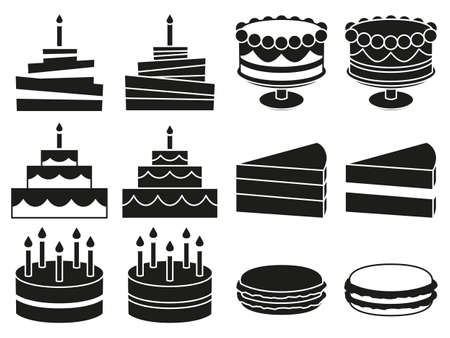 Black and white 12 desserts silhouette set. Sweet food vector illustration for icon, sticker sign, patch, certificate badge, gift card, stamp logo, label, poster, web banner, flayer invitationのイラスト素材