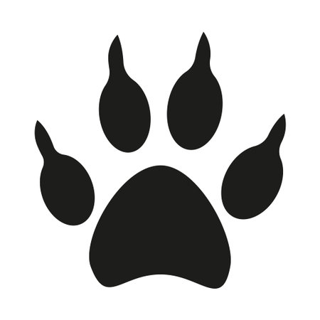 Black and white dog paw footprint silhouette. Hunter tips on wilderness exploring. Pet themed vector illustration for icon, sticker, patch, label, sign, badge, certificate or gift card decorationのイラスト素材