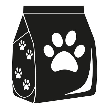 Black and white dry cat food bag silhouette. Simple supply for domestic animal. Pet care themed vector illustration for icon, sticker, patch, label, sign, badge, certificate or gift card decorationのイラスト素材