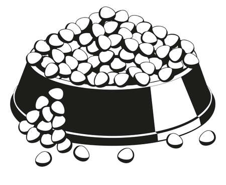 Black and white overfilled pet food bowl silhouette. Simple supply for domestic animal. Cat dog care themed vector illustration for icon, sticker, patch, label, certificate or gift card decorationのイラスト素材
