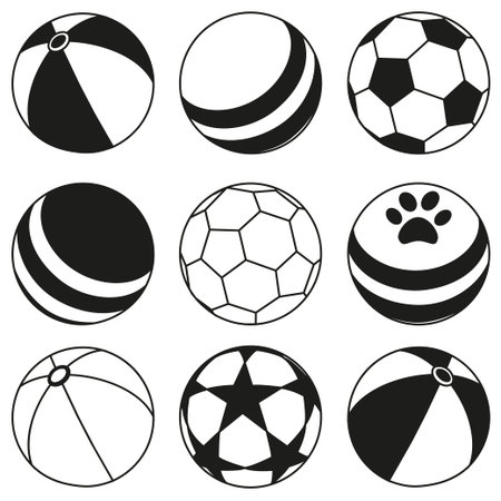 Black and white rubber ball silhouette set. Simple toy for domestic animal. Pet care themed vector...