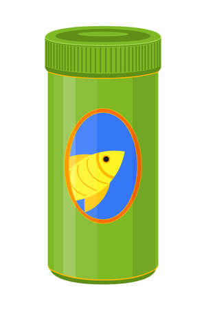 Colorful cartoon fish food jar. Coloring page for adults and kids. Pet care themed vector illustration for icon, sticker, patch, label, badge, certificate or gift card decorationのイラスト素材