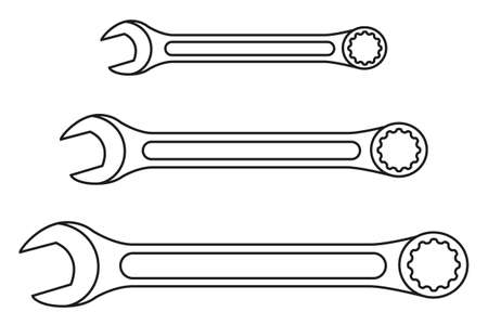 Line art black and white wrench set. Handyman tools for home repair. Maintenance themed vector illustration for icon, logo, sticker, patch, label, sign, badge, certificate or flayer decorationのイラスト素材