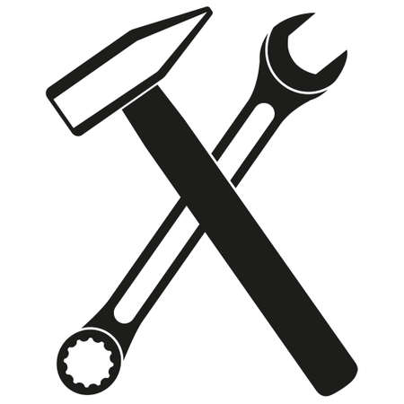 Black and white crossed hammer and wrench silhouette. Handyman tools for home repair. Construction themed vector illustration for icon, logo, sticker, label, badge, certificate or flayer decorationのイラスト素材