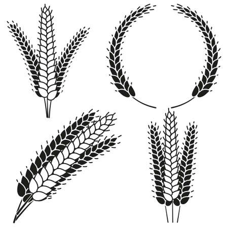 Black and white ripe wheat ear silhouette set. Elements for ad design. Harvest themed vector illustration for icon, sticker, label, badge, emblem, certificate or ad banner decorationのイラスト素材