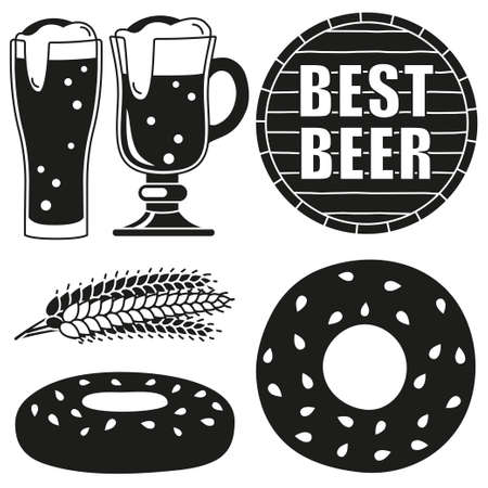 Black and white oktoberfest 6 elements silhouette set. Best beer festival collection. Autumn festive vector illustration for icon, sticker, patch, label, badge, sign, certificate or banner decorationのイラスト素材