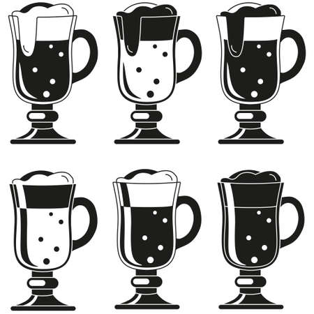 Black and white fancy beer glass silhouette set. Refreshing drinks for birthday party. Oktoberfest themed vector illustration for icon, sticker, patch, label, badge, certificate or banner decorationのイラスト素材