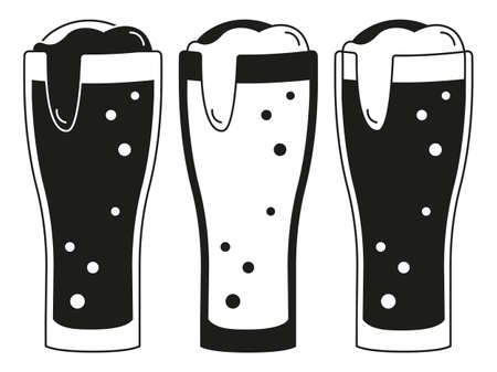 Black and white 3 beer glasses silhouette set. Refreshing drinks for birthday party. Oktoberfest themed vector illustration for icon, sticker, patch, label, badge, certificate or ad banner decorationのイラスト素材