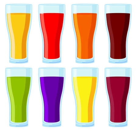 Colorful cartoon juice glass set. Refreshing drink for birthday party. Healthy comfort food themed vector illustration for icon, sticker, patch, label, badge, certificate or ad banner decorationのイラスト素材