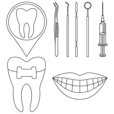 Line art black and white dental check 8 elements set. Timely proper dentalcare concept. Healthcare vector illustration for icon, sticker, stamp, label, badge, certificate, leaflet or banner decorationのイラスト素材