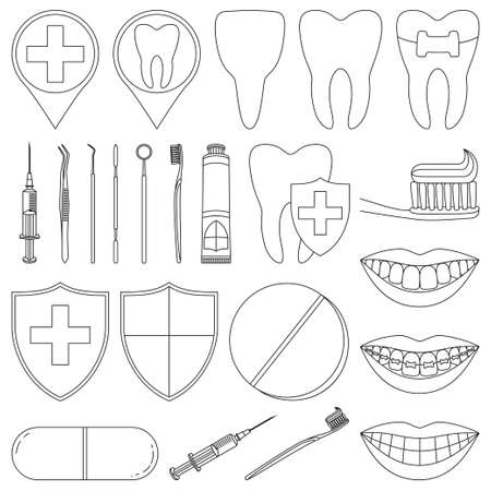 Line art black and white dental 23 elements set. Timely dentalcare and proper oral hygiene concept. Health care themed vector illustration for icon, label, badge, certificate or banner decorationのイラスト素材