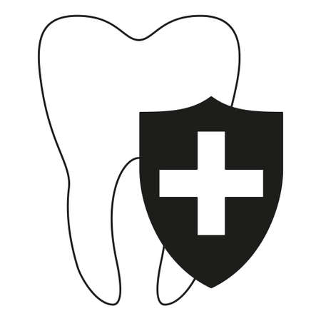 Black and white shield protecting tooth silhouette. Timely dentalcare concept. Dental healthcare vector illustration for icon, sticker, stamp, label, badge, certificate or banner decorationのイラスト素材