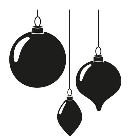 Black and white christmas tree decorations silhouette set. Three hanging xmas baubles. New year holiday themed vector illustration for icon, stamp, label, certificate or gift card decorationのイラスト素材