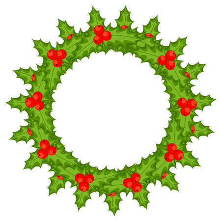 Colorful cartoon holly berry wreath. Christmas themed vector illustration for gift card, poster, certificate, flayer or invitation backgroundのイラスト素材