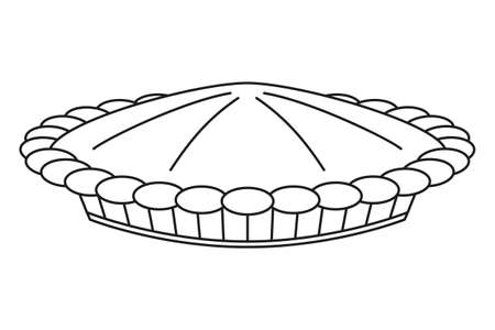 Line art black and white thanksgiving pot pie. Pumpkin healthy pastry. Autumn harvest themed vector illustration for icon, stamp, label, sticker, badge, gift card, certificate or flayer decorationの写真素材