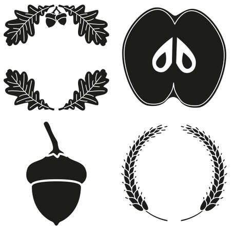 4 black and white harvest silhouette elements and wreath set. Seasonal fall plants. Autumn festival themed vector illustration for icon, label, sticker, badge, card, certificate or flayer decorationの写真素材