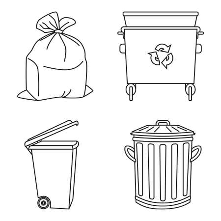 Line art black and white garbage collection. Trash bins and bag. Waste disposal themed vector illustration for icon, logo, stamp, label, emblem, certificate, leaflet, brochure or banner decorationのイラスト素材