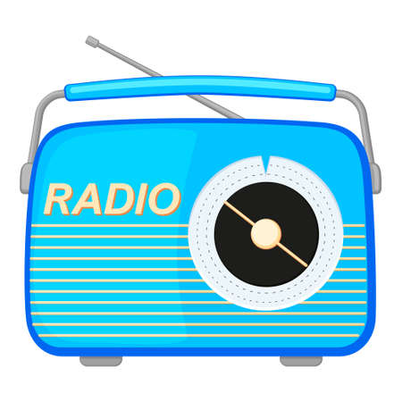 Colorful cartoon retro radio. Audio entertament retro device. Media theme vector illustration for icon, logo, stamp, label, badge, certificate, leaflet, poster, brochure or banner decorationのイラスト素材