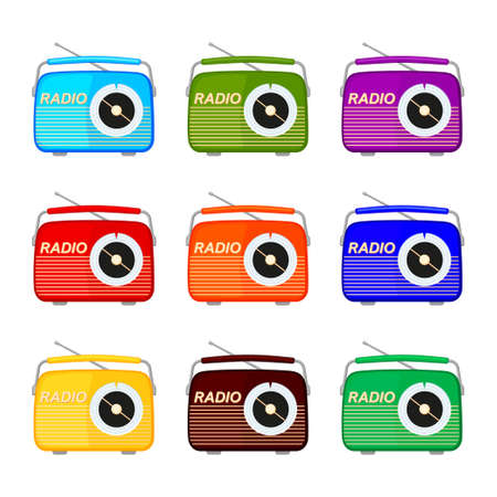 Colorful cartoon retro radio collection. Audio entertament retro device Media theme vector illustration for icon, logo, stamp, label, badge, certificate, leaflet, poster, brochure or banner decorationのイラスト素材