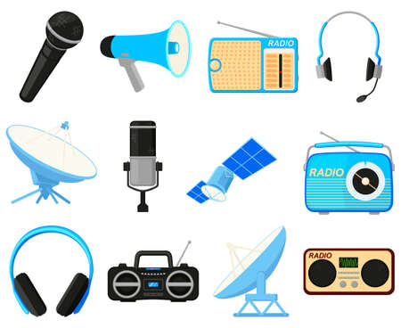 Colorful cartoon 12 telecommunication elements Modern entertainment technology Media theme vector illustration for icon, stamp, label, badge, certificate, brochure or banner decorationのイラスト素材