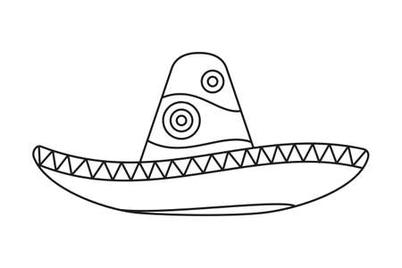 Line art black and white mexican hat. Fiesta carnival clothing. Mexico theme vector illustration for icon, stamp, label, badge, certificate, leaflet, poster, brochure or banner decorationのイラスト素材