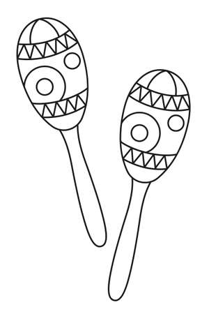 Line art black and white maracas. Mexican music instrument. Mexico theme vector illustration for icon, stamp, label, badge, certificate, leaflet, brochure or banner decorationのイラスト素材