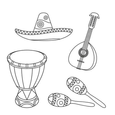 Line art black and white mexican music set. Fiesta carnival elements. Mexico theme vector illustration for icon, stamp, label, badge, certificate, leaflet, brochure or banner decorationのイラスト素材